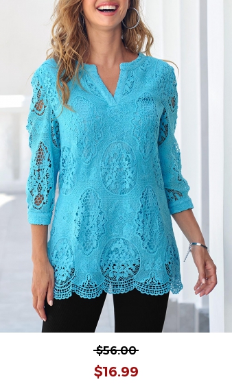Sky Blue Split Neck 3/4 Sleeve Lace Blouse