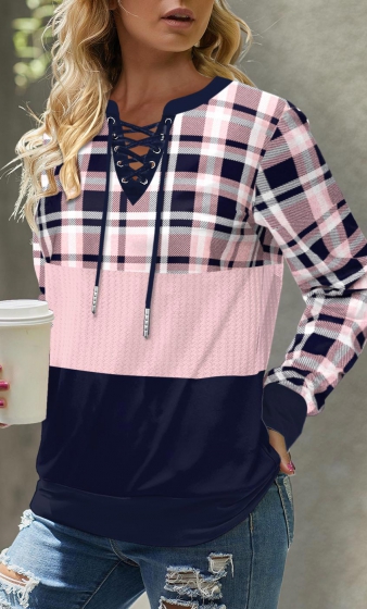 Light Pink Lace Up Plaid Long Sleeve Sweatshirt