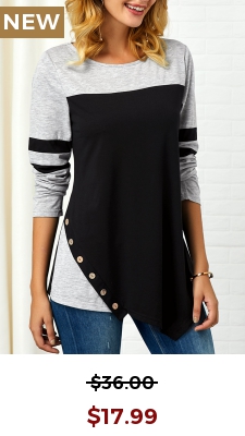 Button Detail Long Sleeve Asymmetric Hem T Shirt