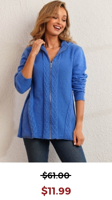 Zipper Closure Hooded Collar Blue Cardigan