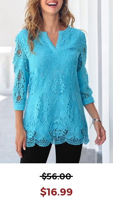 Sky Blue Split Neck 3/4 Sleeve Lace Blouse