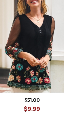 Crinkle Chest Embroidered V Neck 3/4 Sleeve Blouse
