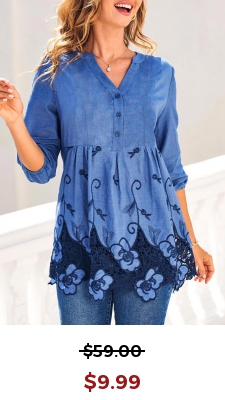 Split Neck Denim Blue Embroidered Blouse