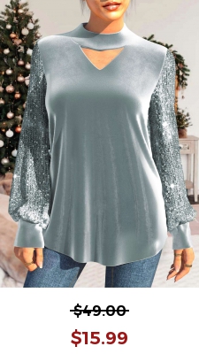 Sequin Long Sleeve Grey Velvet Stitching T Shirt