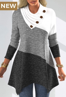 Decorative Button Patchwork Long Sleeve Asymmetrical Neck Sweatshirt