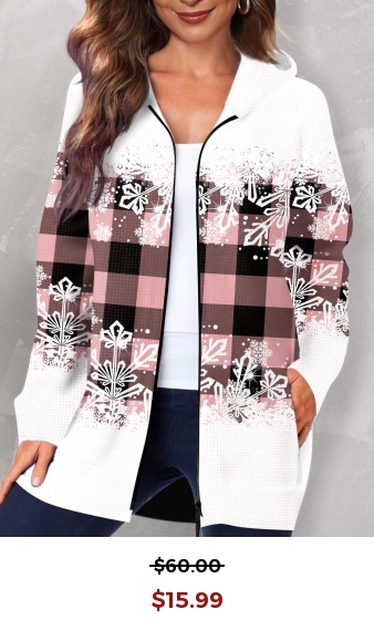 Pink Pocket Plaid Long Sleeve Hooded Coat