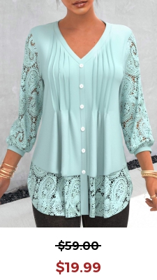 Cyan Lace Patchwork Three Quarter Length Sleeve Blouse