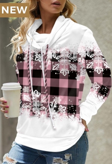 Pink Drawstring Snowflake Print Long Sleeve Sweatshirt