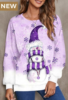 Christmas Purple Snowman Print Long Sleeve Sweatshirt