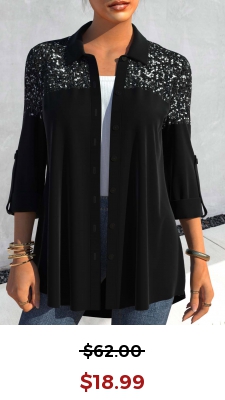 Black Sequin Three Quarter Length Sleeve Blouse