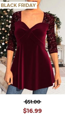 Sequin Velvet Stitching Sweetheart Neckline Wine Red T Shirt