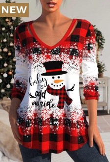 Christmas Red Cut Out Snowman Print T Shirt
