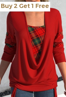 Red Drawstring Plaid Long Sleeve Square Neck Sweatshirt