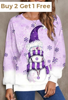 Christmas Purple Snowman Print Long Sleeve Sweatshirt