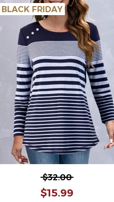 Navy Decorative Button Striped Long Sleeve T Shirt