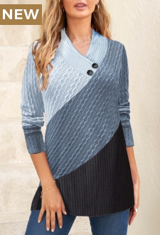 Blue Patchwork Long Sleeve V Neck Sweatshirt