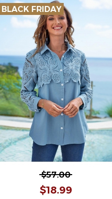 Faux Denim Lace Stitching Turndown Collar Blouse