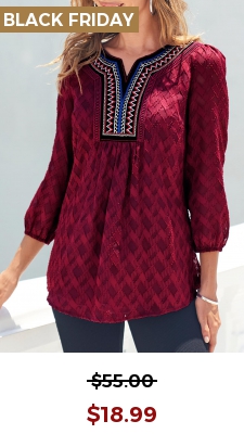 Textured Fabric Split Neck Wine Red Blouse
