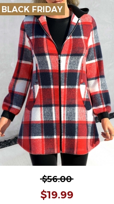 Red Zipper Tartan Print Long Sleeve Hooded Jacket