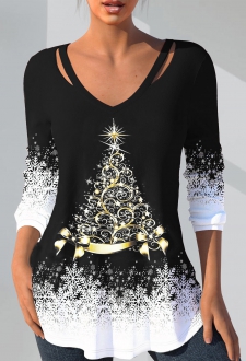 Black Cut Out Christmas Tree Print T Shirt