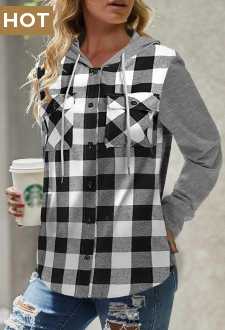 White Pocket Plaid Long Sleeve Hoodie