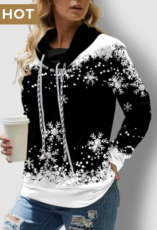 Long Sleeve Black Christmas Snowflake Print Sweatshirt