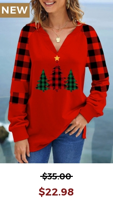 Red Christmas Tree Print V Neck Sweatshirt