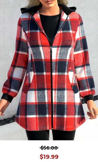 Red Zipper Tartan Print Long Sleeve Hooded Jacket