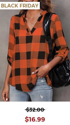 Orange Tartan Print Long Sleeve Split Neck Blouse
