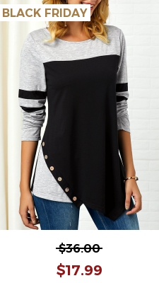 Button Detail Long Sleeve Asymmetric Hem T Shirt