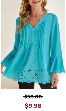 Laser Cut Flare Sleeve Split Neck Cyan Blouse