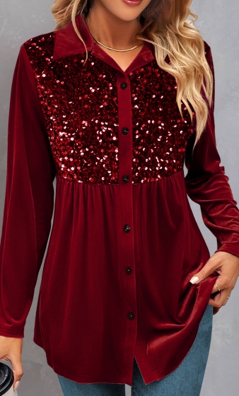Wine Red Velvet Long Sleeve Shirt Collar Blouse