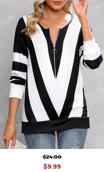 White Zipper Contrast Color Long Sleeve T Shirt