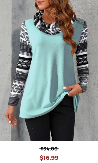Geometric Print Cowl Neck Long Sleeve Light Blue Sweatshirt