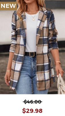 Dark Camel Pocket Plaid Long Sleeve Lapel Coat