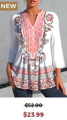 Tribal Print White Split Neck 3/4 Sleeve Blouse