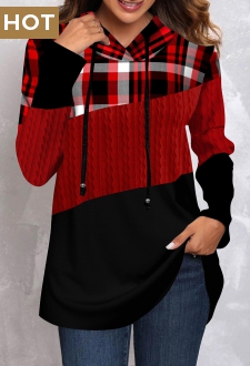 Red Twisted Tartan Print Long Sleeve Hoodie
