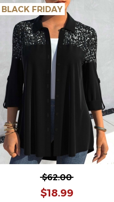 Black Sequin Three Quarter Length Sleeve Blouse