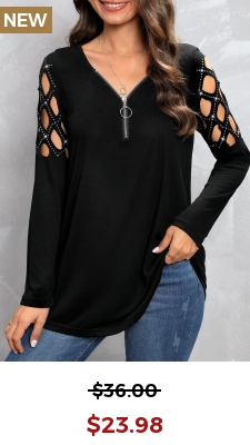 Black Zipper Long Sleeve V Neck T Shirt