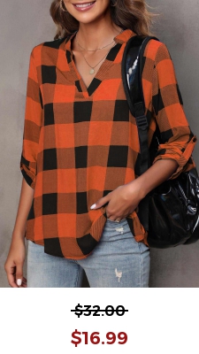 Orange Tartan Print Long Sleeve Split Neck Blouse