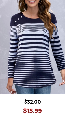 Navy Decorative Button Striped Long Sleeve T Shirt