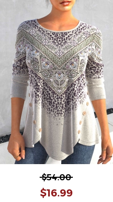 Grey Asymmetric Hem Leopard Long Sleeve T Shirt