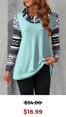 Geometric Print Cowl Neck Long Sleeve Light Blue Sweatshirt