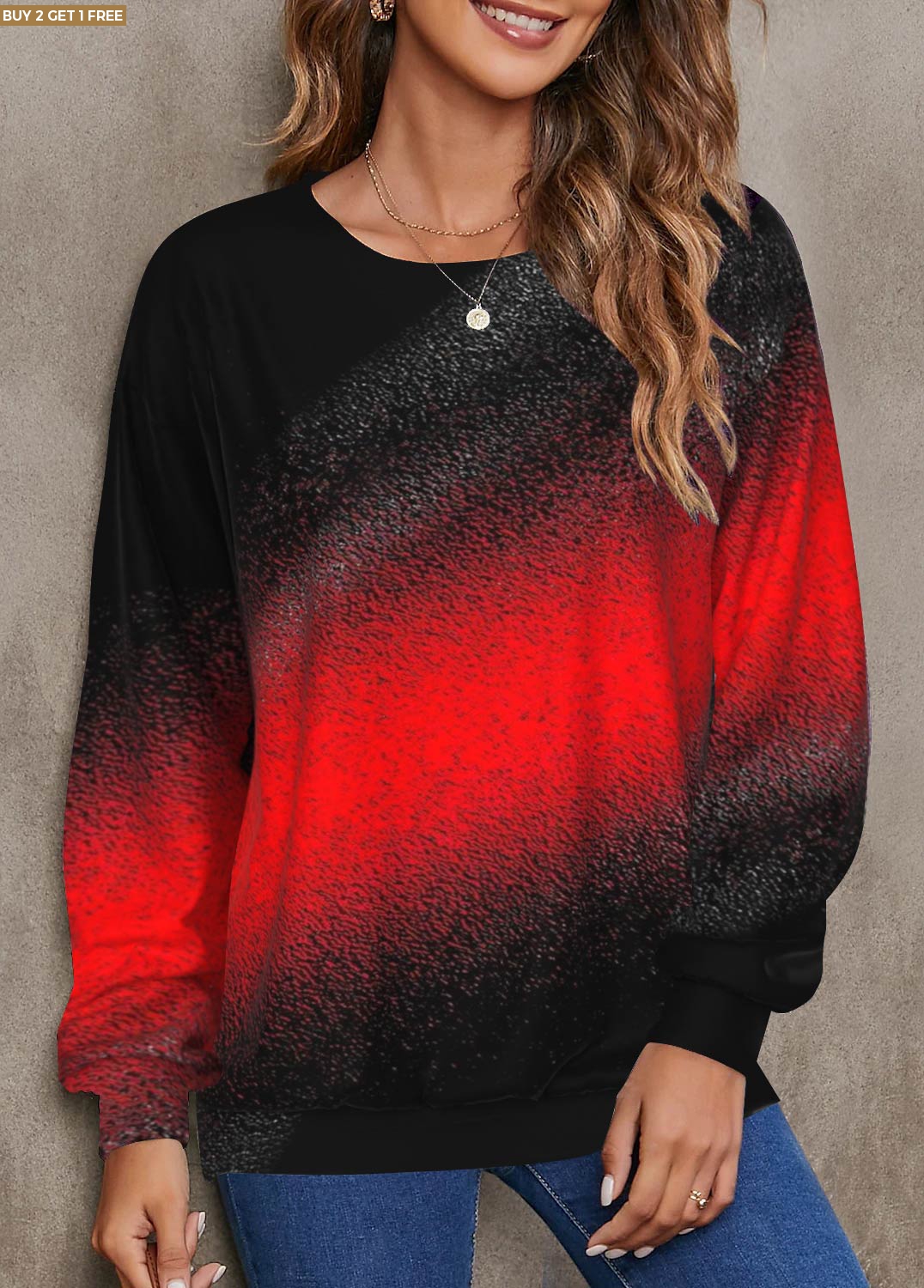 Red Ombre Long Sleeve Round Neck Sweatshirt