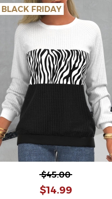 Waffle Knit Zebra Print White Long Sleeve Sweatshirt