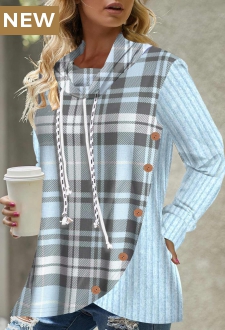 Blue Button Plaid Long Sleeve Cowl Neck Sweatshirt
