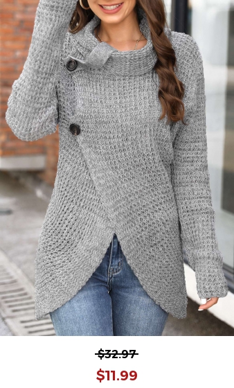 Grey Button Long Sleeve Cowl Neck Sweater
