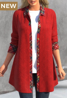 Red Button Plaid Long Sleeve Shirt Collar Coat
