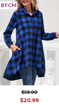 Plaid Double Side Pockets Royal Blue Blouse