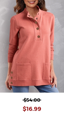 Quarter Button Coral Red Double Side Pockets Sweatshirt